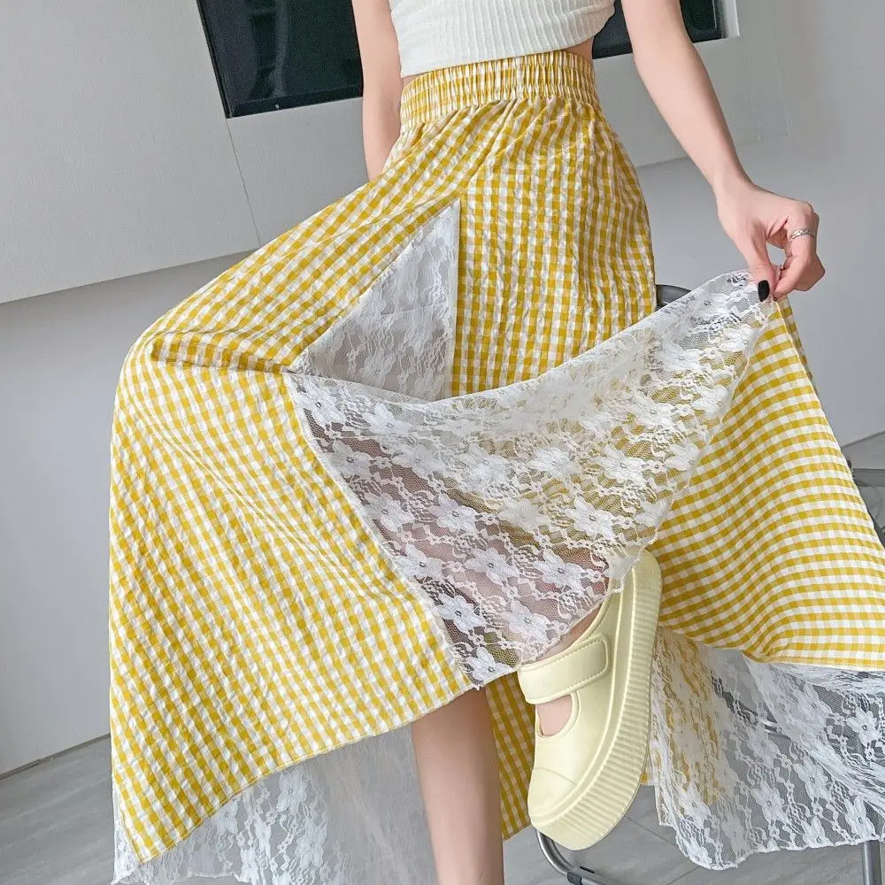 

Small sweet lace splicing plaid skirt women's summer 2025 new thin and versatile high-waisted a-word long dress