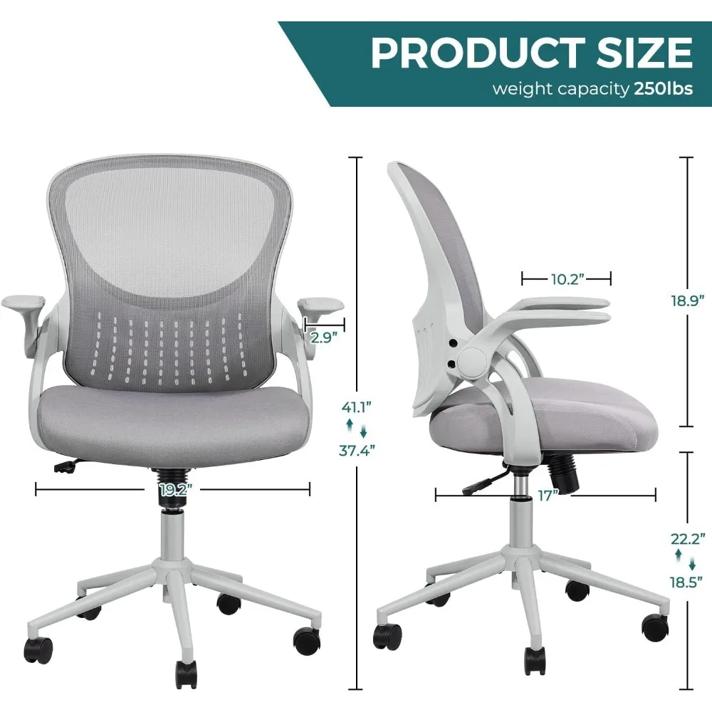 Ergonomic Mid-Back Office Computer Gaming Desk Chair with Flip-up Arms, Comfortable Lumbar Support, Comfy Arms, Grey