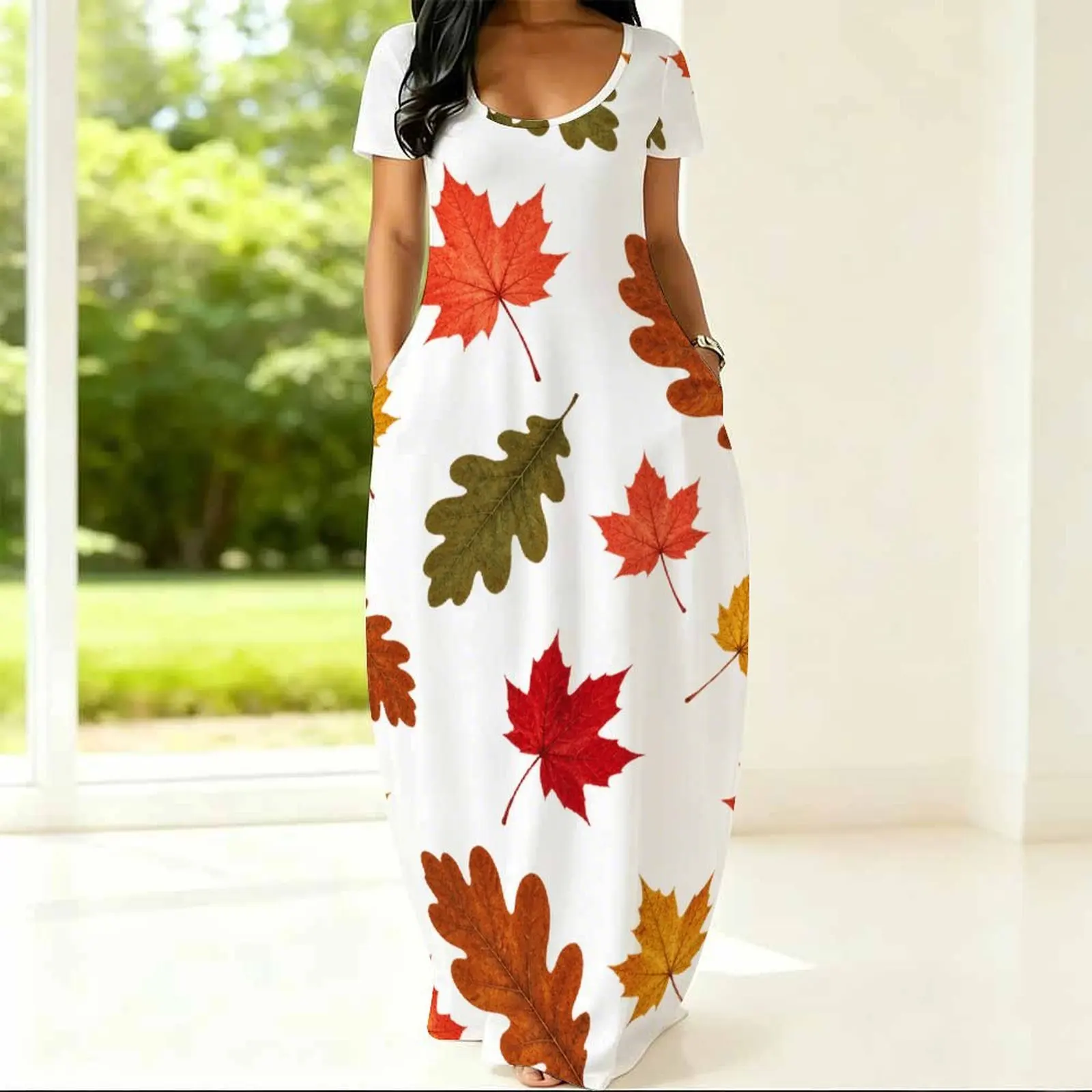 Women White Base Maple Oak Leaf Printed Short Sleeve Round Neck Loose Maxi Dress with Side Pockets