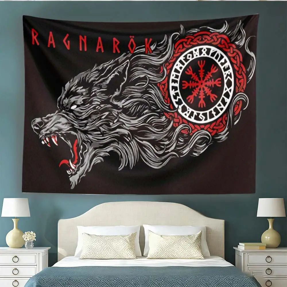 Ragnarok Fenrir Wolf Tapestry Viking Rune Symbol Wall Hanging Norse Mythology Bedroom Dorm Decor Gift