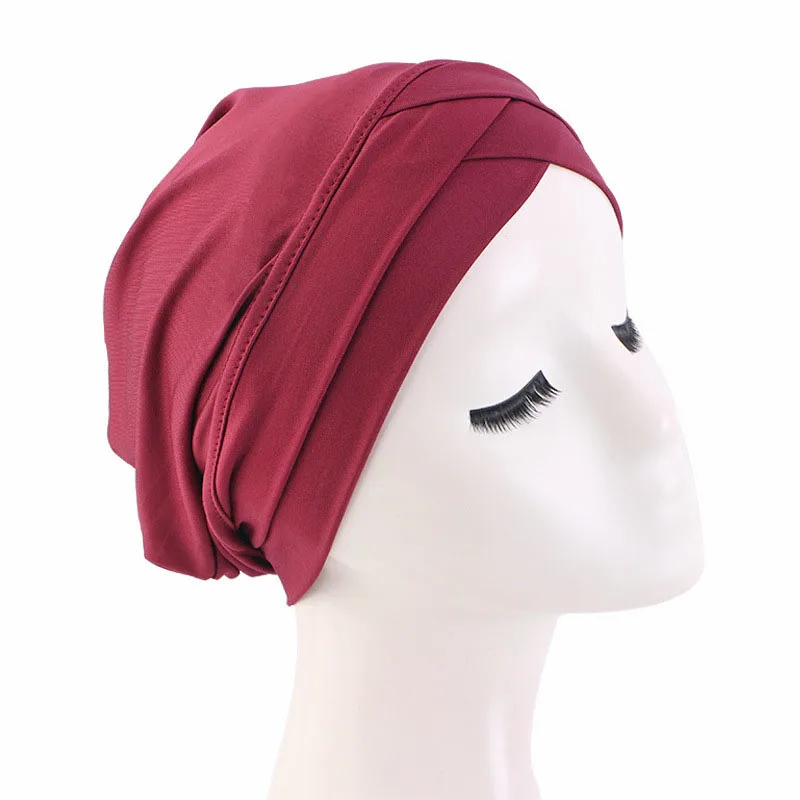 

Bohemian Hijab Caps Women Stretchy Hijab Scarf Forehead Cross Underscarf Muslim Headscarf Turban Hat Scarf Solid Color Hijab