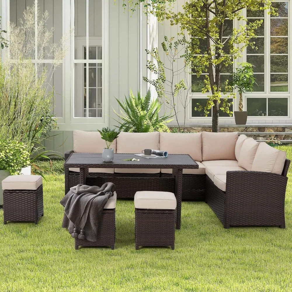 7 Pieces Patio Furniture Set Outdoor Sectional Sofa Conversation Set All Weather Wicker Rattan Couch Dining Table & Chair,Khaki