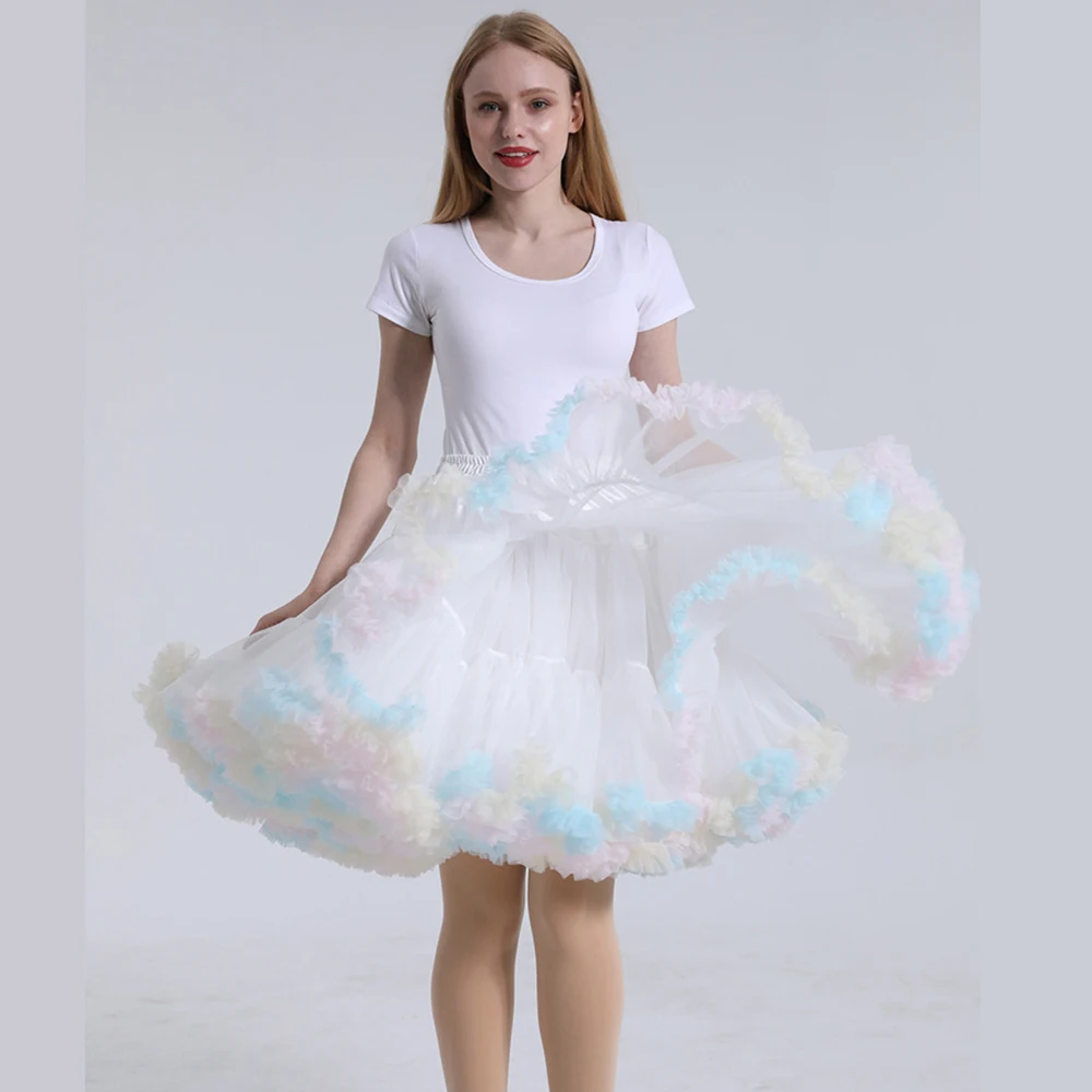 

55CM Petticoats Colourful Hemline White Lolita Cosplay Bridal Crinoline Underskirt Knee Length Fluffy Tulle Skirt Dance Party