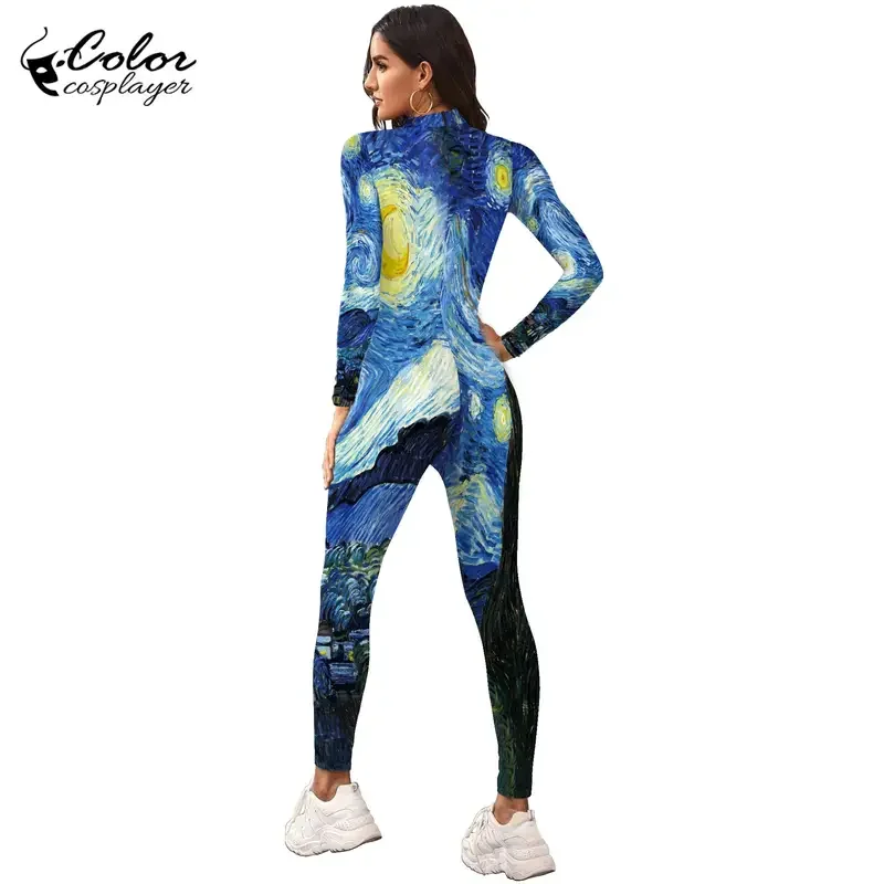 Colore Cosplayer Tuta da donna Van Gogh Cielo stellato Mondo Pittura Stampato Costume cosplay Catsuit Donna Zipper Zentai Body