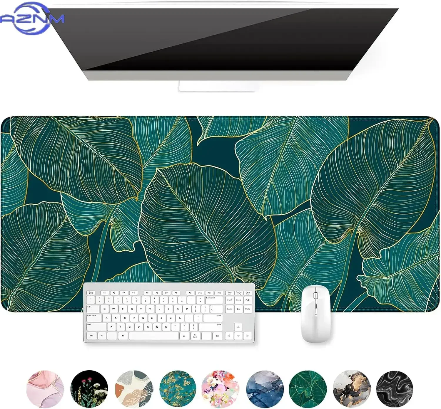 Dark Green Golden Outline Tropical Leaves Large Desk Mat, Nature Plant Gaming Mouse Pad