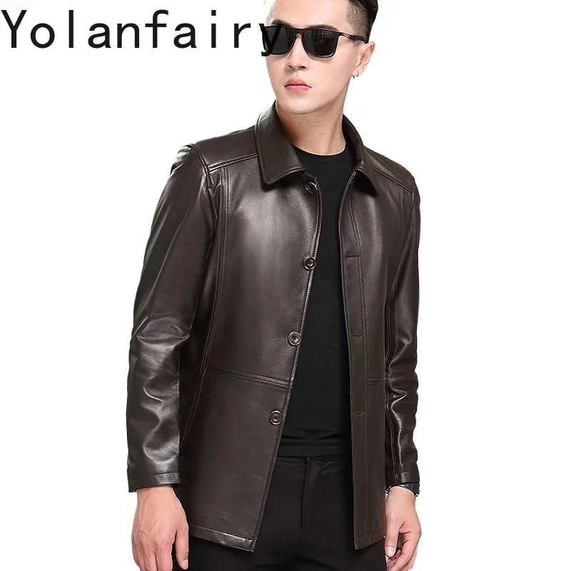 YOLANFAIRY جديد جلد الغنم الحقيقي رجل سترات من الجلد جلد طبيعي خندق معطف منتصف طول ربيع الخريف البني الرجال سترة جلدية #1