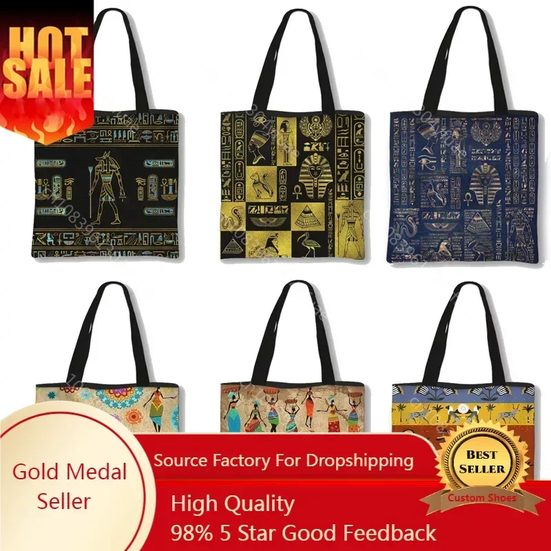 Egyptian hieroglyphs and symbols Print Shoulder Tote Bag African Women Style Handbag Afro Ladies Top-Handle Bags Shopping Bag