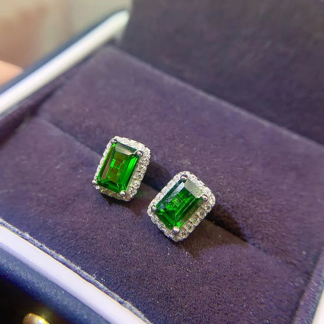 925 Silver Rectangle Stud Earrings Allergy Free 4mm*6mm Total 1.1ct Natural Diopside Earrings with 3 Layers Gold Plated