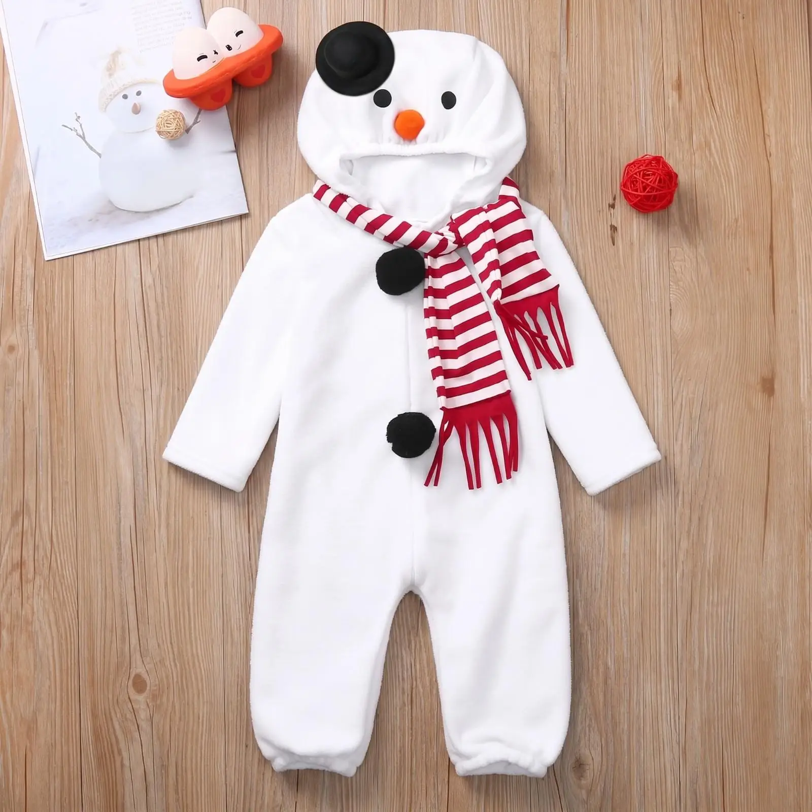 Infant Toddler Hooded Snowman Jumpsuit Soft Fleece Pajamas One Piece Cute Winter Suit with Red Scarf for Festive Season