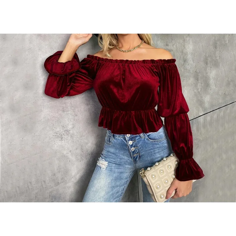 

New Ruffle Edge Style French Velvet Long Sleeved Top for Women