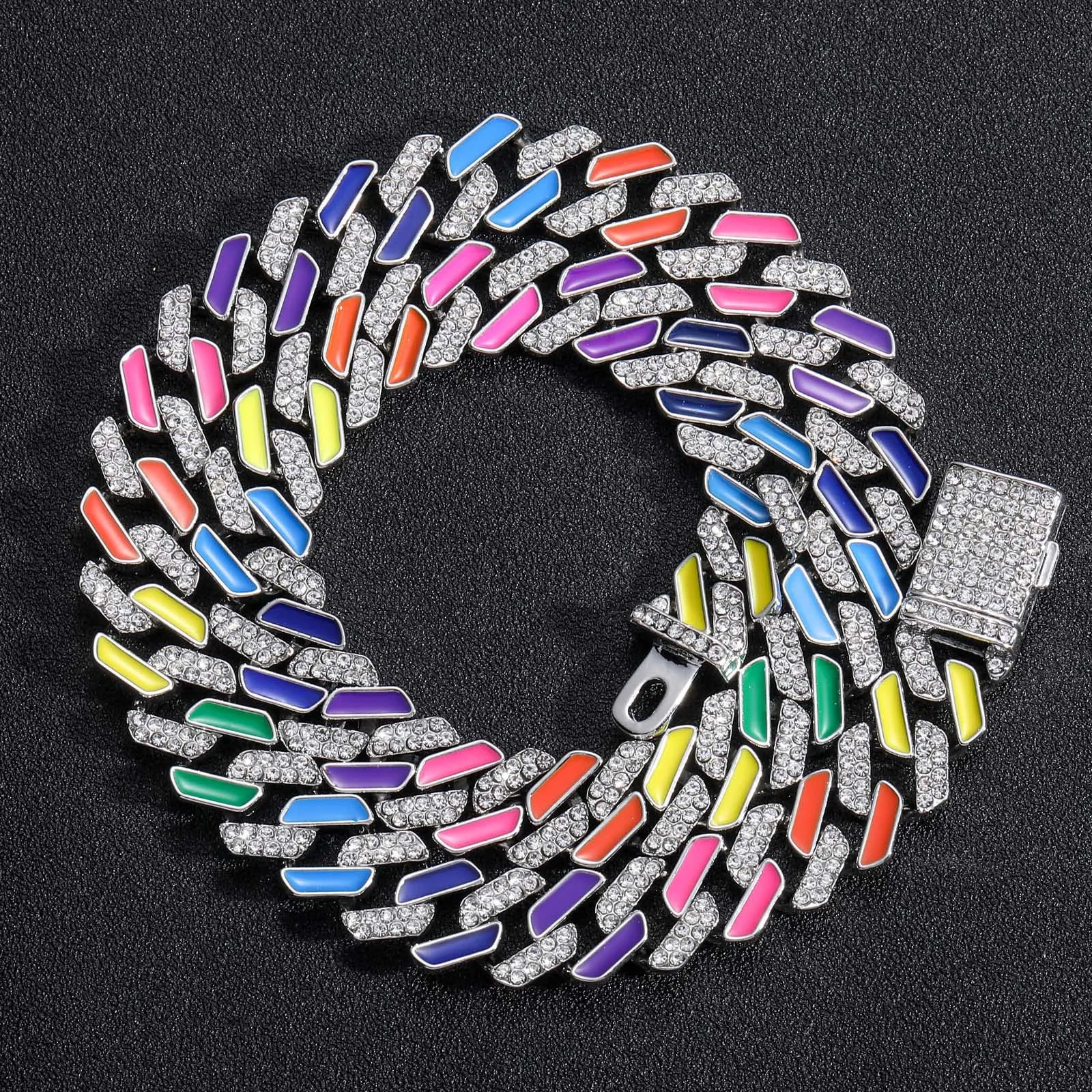 

Hip Hop Men Women 12mm Enamel Colorful Rainbow Chain NecklaceBling Rhinestone Paved Miami Rhombus Cuban Chain Jewelry