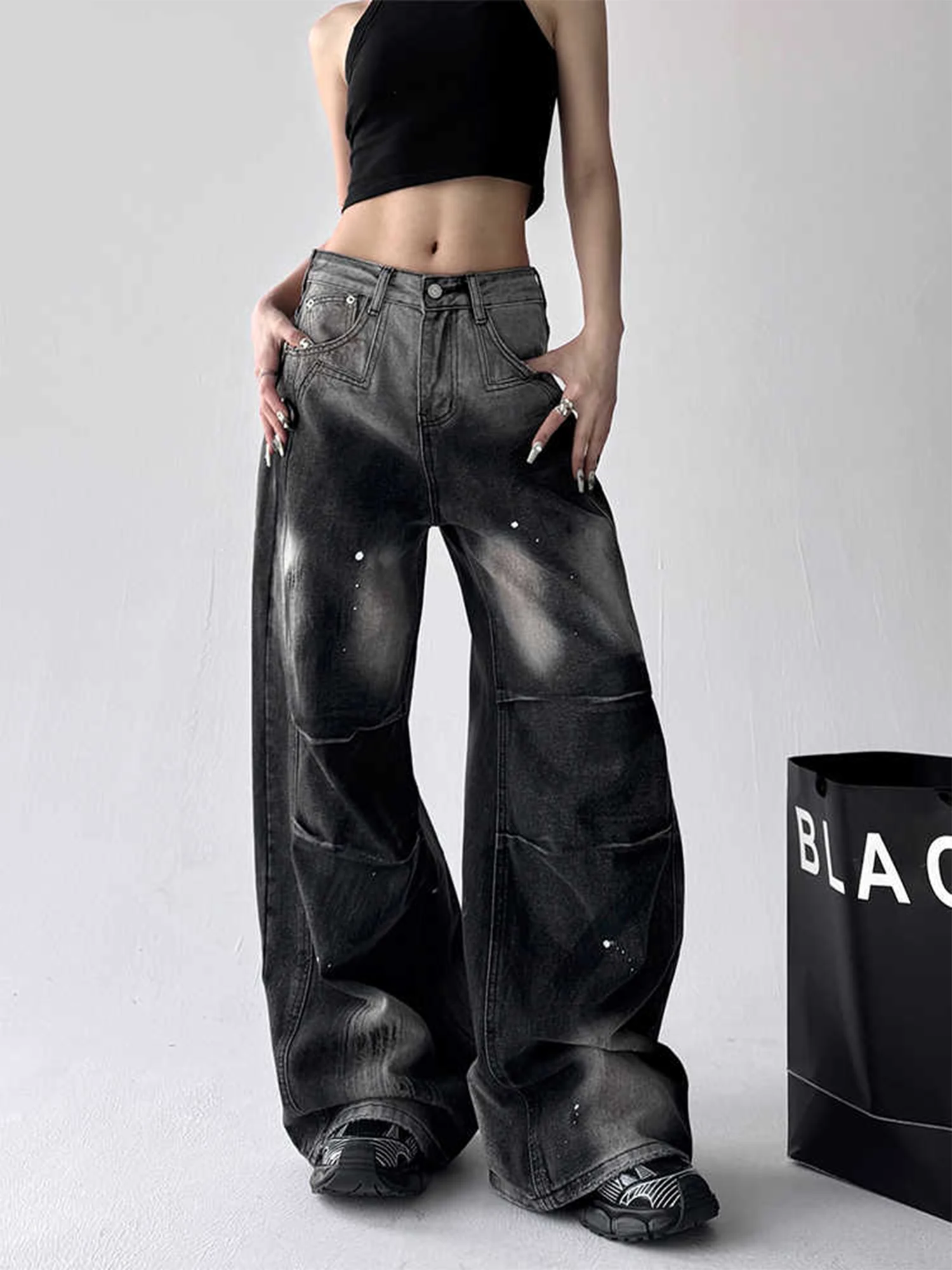 

Женские черные готические джинсы большого размера Y2k Harajuku, винтажные широкие джинсовые брюки, японский стиль 2000-х годов, джинсы-бойфренды, осенние брюки