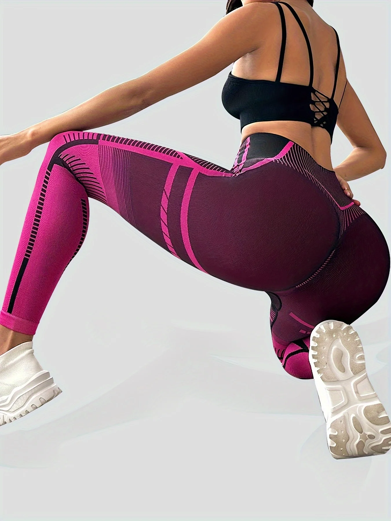 Women Fuchsia Geometric Texture Print Fleece Lined Leggings Mid Waist Stretch Fitness Yoga Sports Pants
