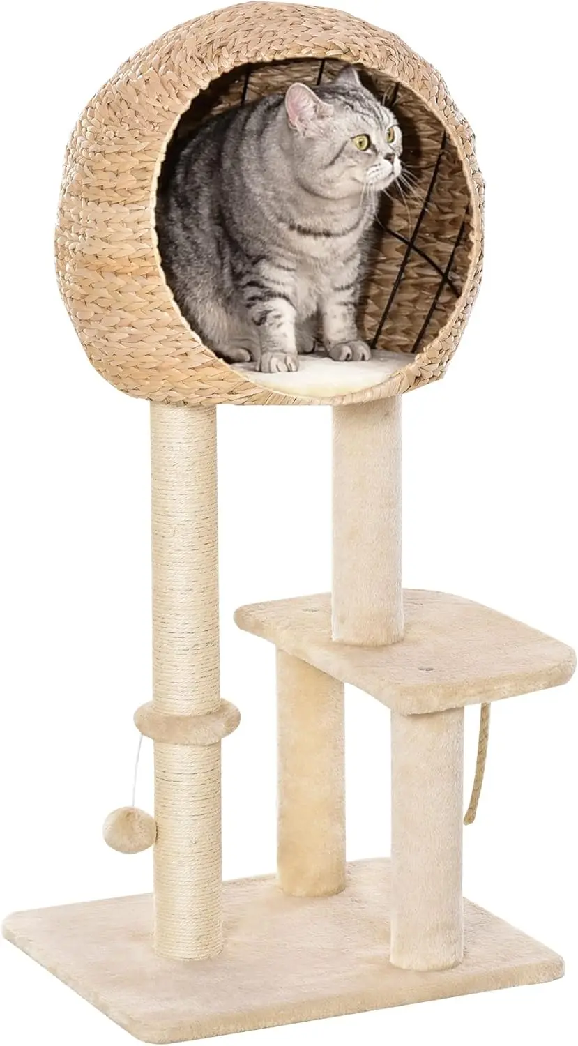 Pawhut Tree Scratcher for Cats Climbing Tower with Platforms House Ball and Rope Sisal Post 48 x 40 x 100 cm Beige cat house