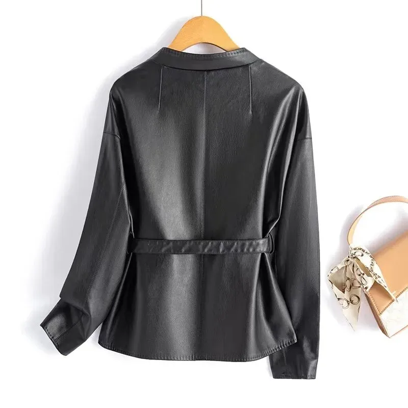 2026 primavera outono casaco de couro do plutônio feminino elegante moda o-pescoço casaco feminino roupas da motocicleta com cinto fino outerwear b1476