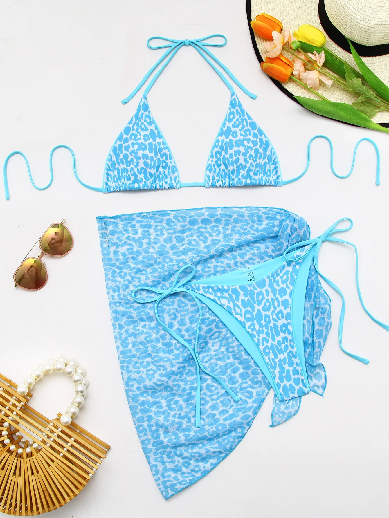 

Sexy Blue Leopard Bikini 2025 Women Three Pieces Swimsuit Brazilian Swimwear Female Beachwear Thong Bathing Suit Strings Biquini