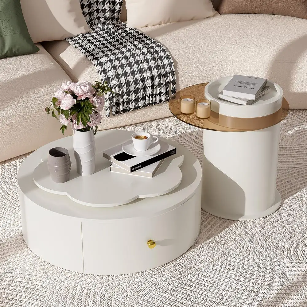 

Modern Round Coffee Table Set 2 Floral Rotating Top with 2 Drawers Glass Side Table for Living Room Cream