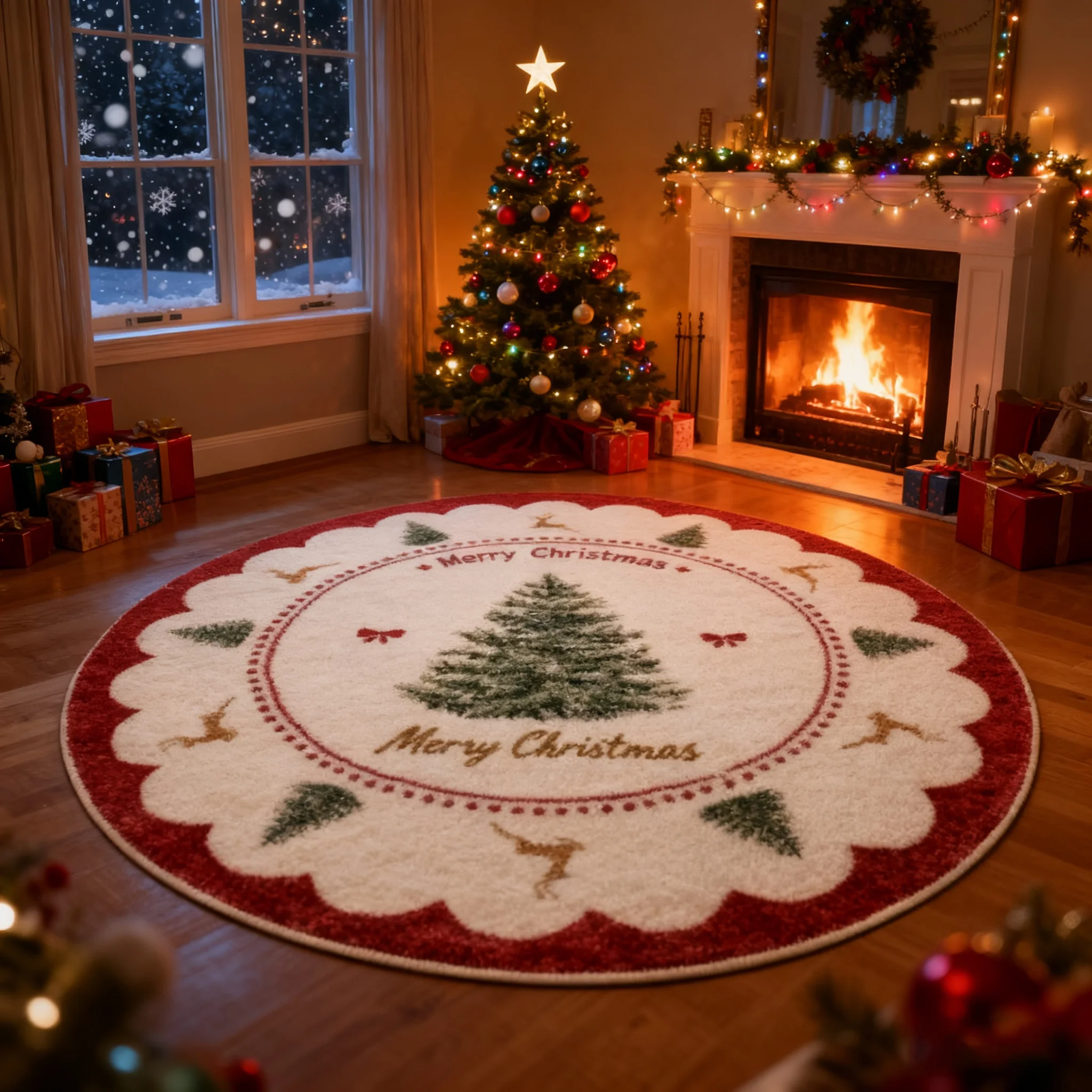 Christmas Round Decorative Doormat Plaid Tree Reindeer Snowflake Candle Bauble Floor Mat for Living Room Home Holiday Decor