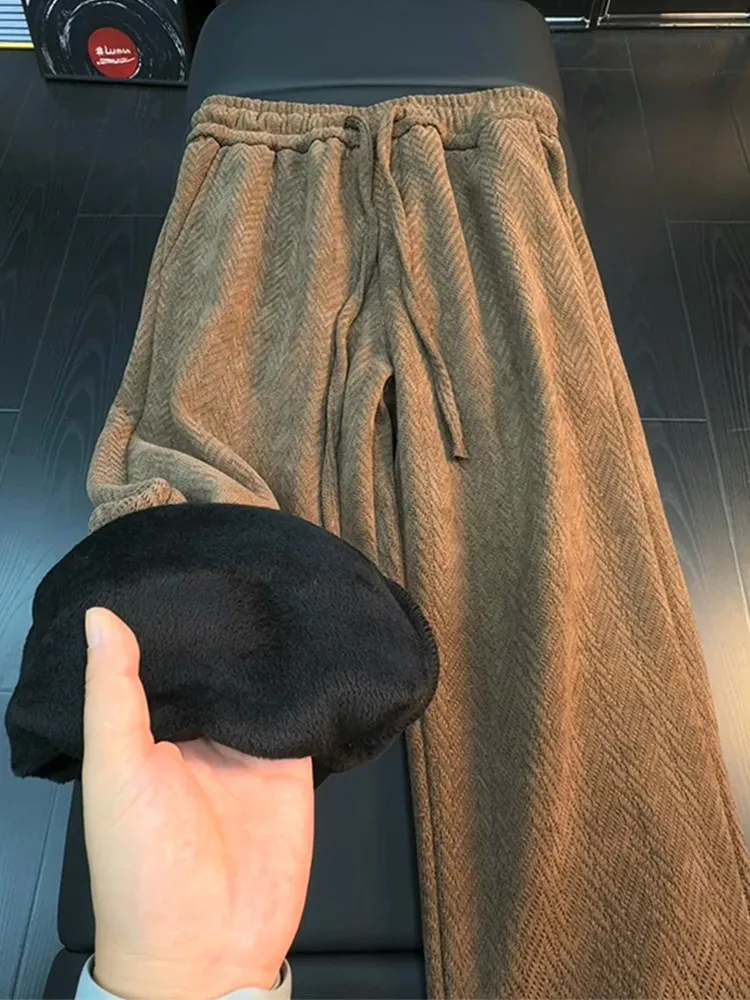 Thickened Fleece Straight Leg Pants Men's Autumn Winter Casual Trousers Wide Leg Pants Drapey Plaid Pattern Warmth Comfortable