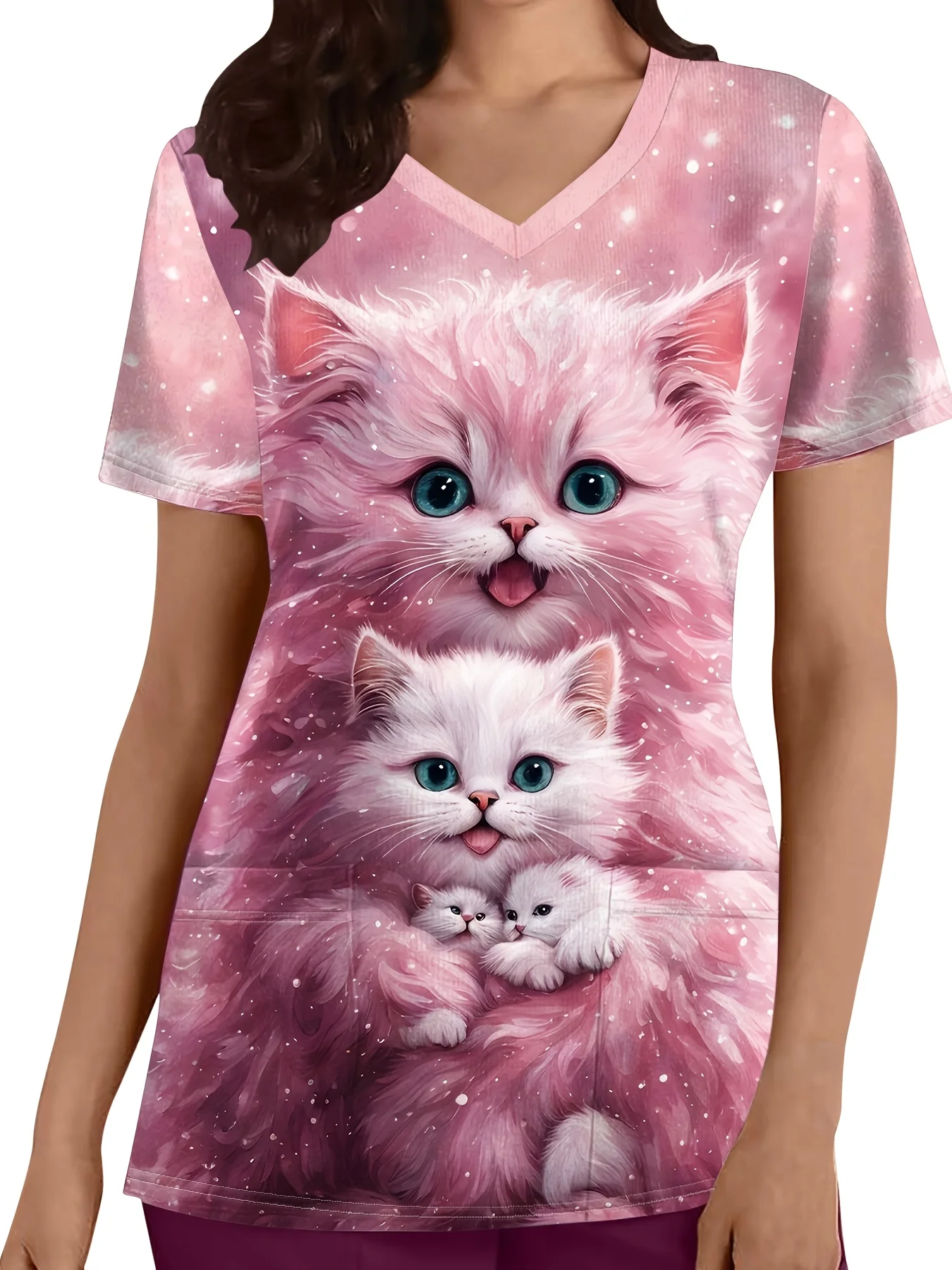 

Women's Medical Uniforms 3d Floral & Cat Print V-Neck Scrub Top - Pink Short Sleeve Nurse Uniform With Pockets Surgical Uniform