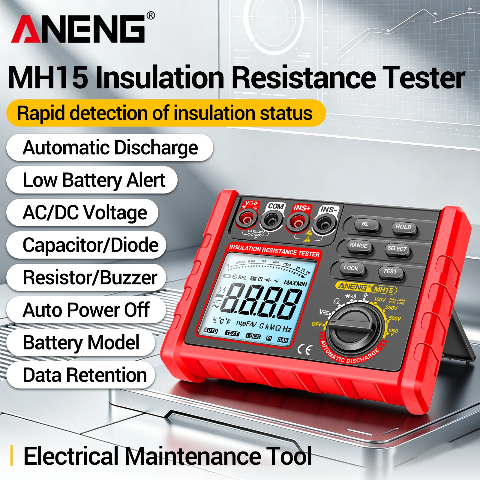 ANENG MH15 Digital Megohmmeter 100V-1000V Insulation Resistance Tester 6000 Counts Electrician Cable Motor Insulation Test Tool
