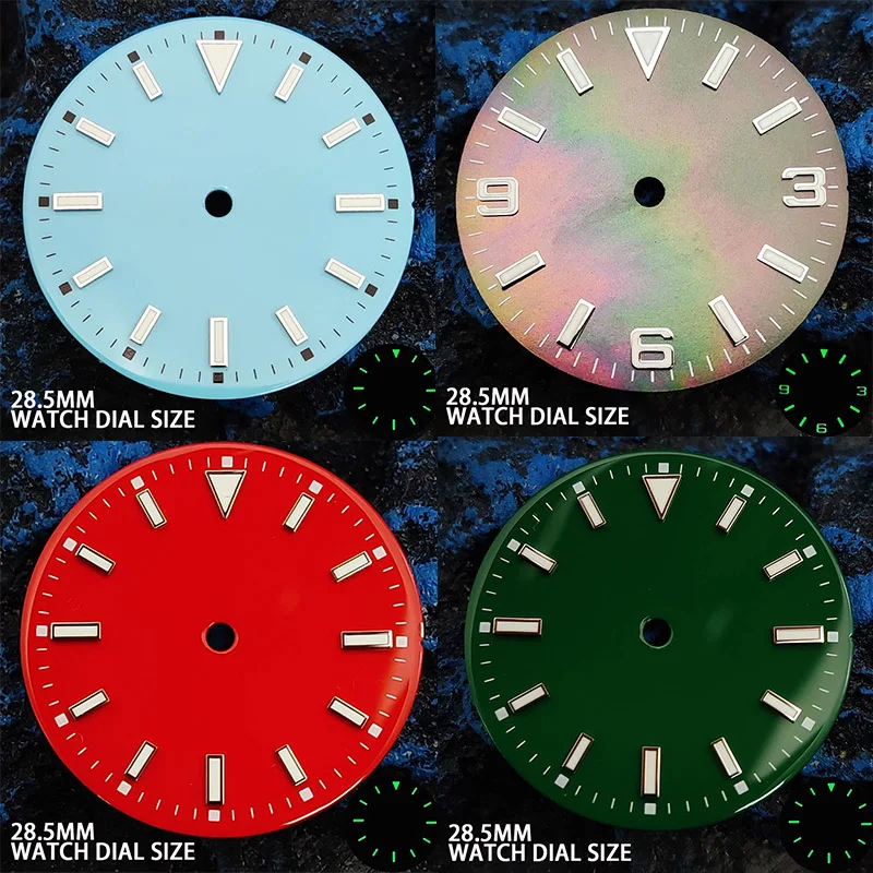 28.5mm Colorful Dial with Green Luminous Triangle Marker for NH35 Movement, Blank Dial, Unbranded Mod Parts