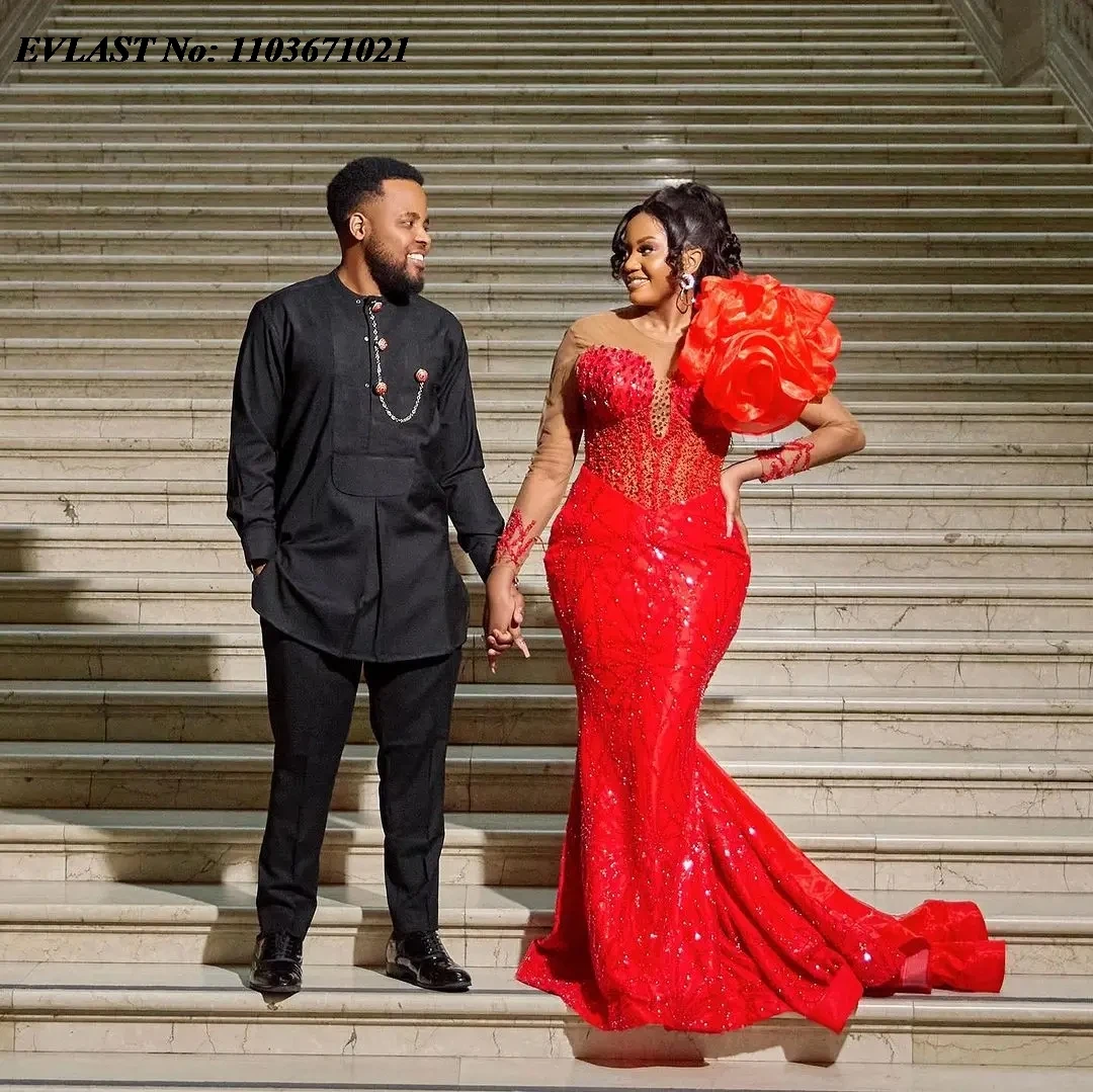 EVLAST Glitter Beaded Lace African Prom Dress Wedding Reception Asoebi Red Formal Party Gown Ruffled Flower Black Women P117