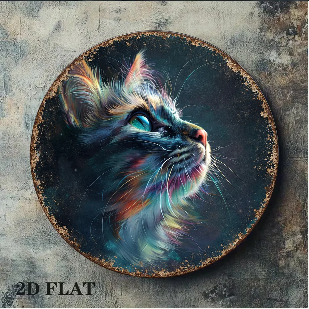 2D Flat, 1pc 8x8 Inch / 20x20cm 2D Flat Round Aluminum Sign, Vintage Cat-Themed Aluminum Plaque, Colorful Cat Art Decorative Sig