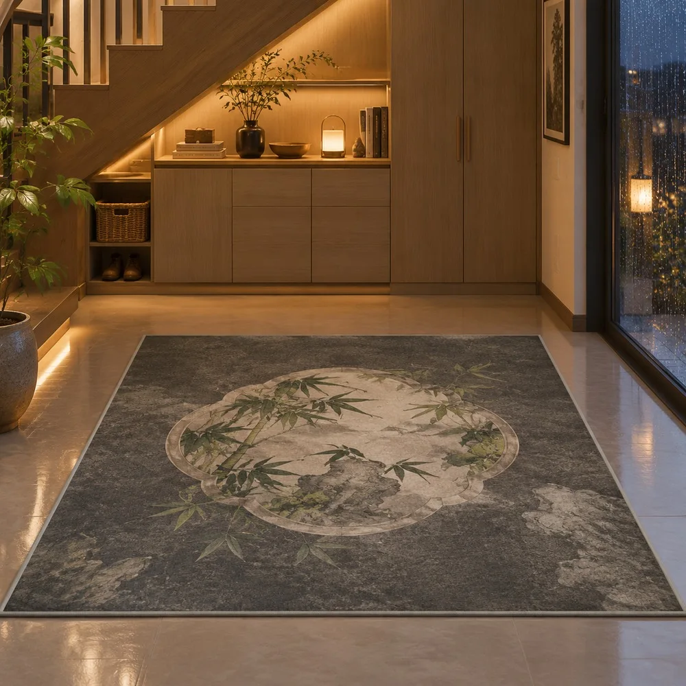 VIKAMA Area Rug Charcoal Grey Bamboo Shadow Stone Aesthetic Foldable Hallway Bedside Laundry Room Staircase Room Decor