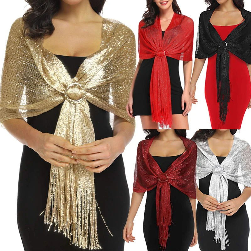

Sparkle Silk Shawl Shirts For Women Flat Scarf Bride's Bridesmaid Long Tassel Shawl Evening Party Wedding Dress Elegant Wraps