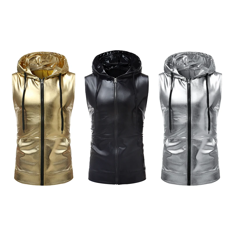 2024 Shiny Gold Coated Metallic Tank Top Men Fashion Hip Hop Sleeveless Hoodie Tank Men Nightclub Party Dance Zipper Tops Tee