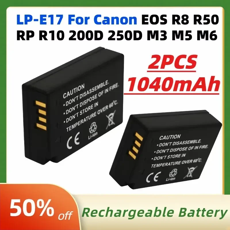 

2PCS 1040mAh LP-E17 Li-lon Digital Batteries for Canon EOS R8 R50 RP R10 200D 250D M3 M5 M6 750D 760D T6i T6s 800D T8i T7i