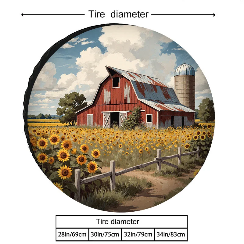 Red Barn Sunflower Tire Cover Waterproof Polyester Fiber For SUV Truck Outdoor Protection