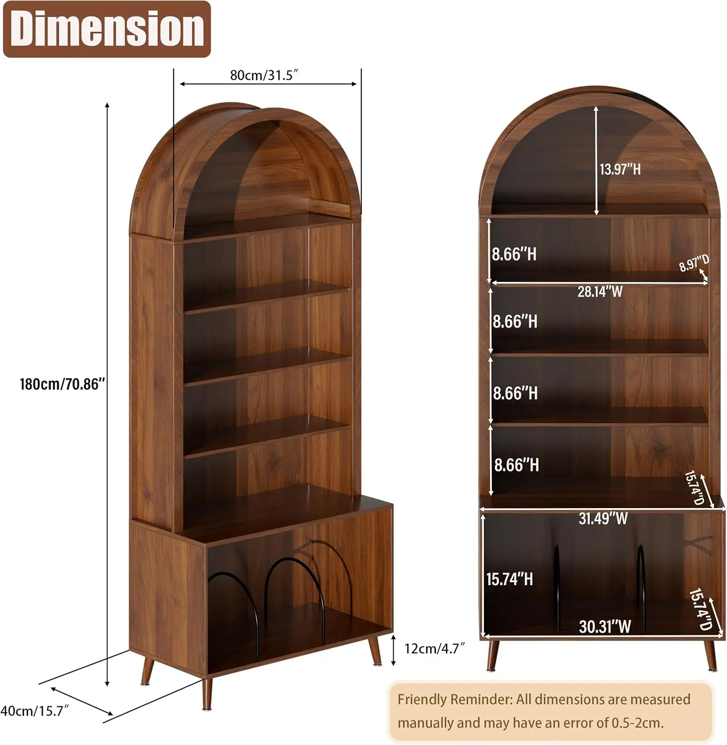 Large Arched Record Player Stand With Vinyl Record Storage 6 Tier Wooden Turntable Stand Display Shelf For Living Room Home Office Bedroom Walnut Brown 1 Pack
