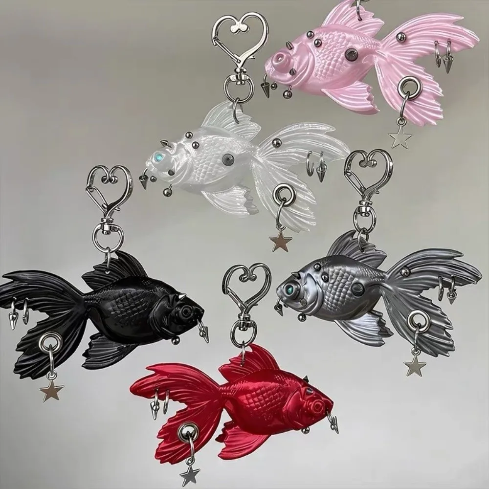 Unique 3D Printed Goldfish Keychain Dark Rivet Tassel Detail Gothic Pendant Keychain Rock Fish Pendant Keychain Bag Decoration
