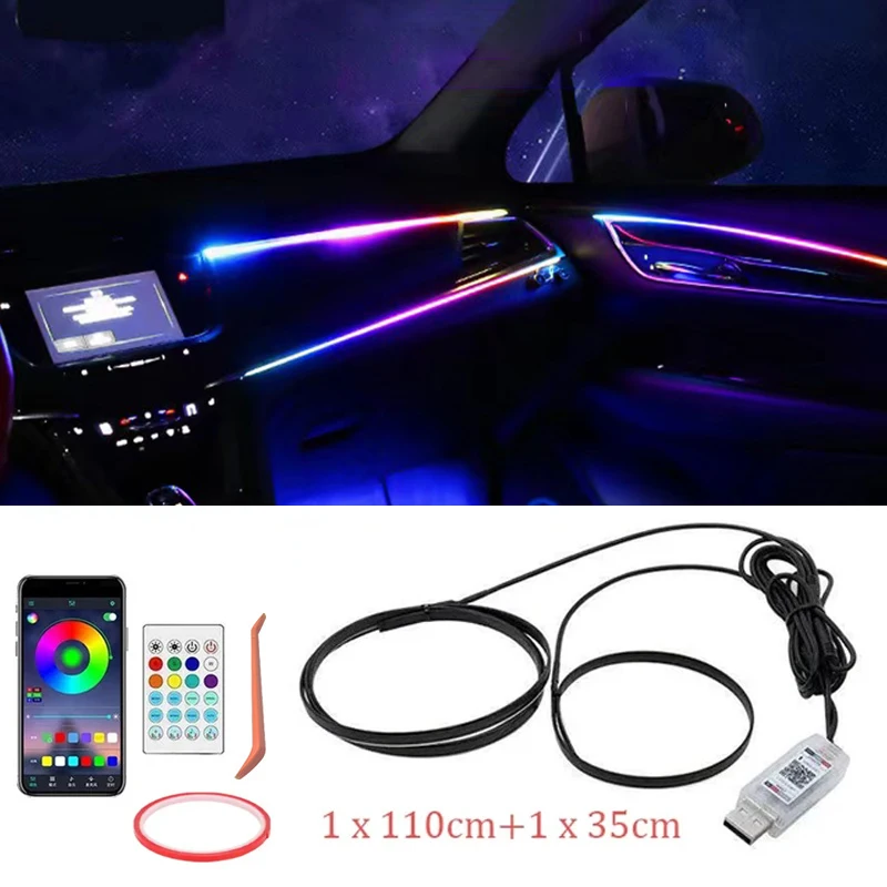 110cm Car LED Ambient Light USB 64 Colors Acrylic Strips Full Colors RGB Car Interior Hidden App Remote Control Atmosphere Lamp