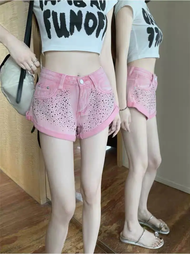 Women's High Waist Slim and Versatile Casual Hot Girl Sexy Diamond Curling Pink Denim Shorts