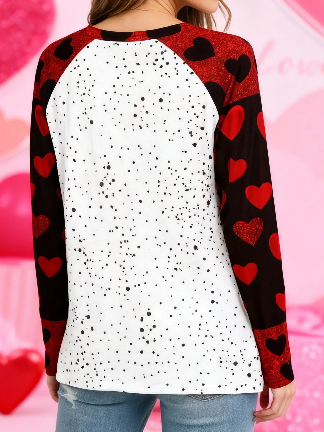 Plus-Size Damen-Oberteil mit Valentinstags-Grafikdruck, Raglanärmeln, Rundhalsausschnitt, elastisch, lässig, für den Alltag. – Detail 6