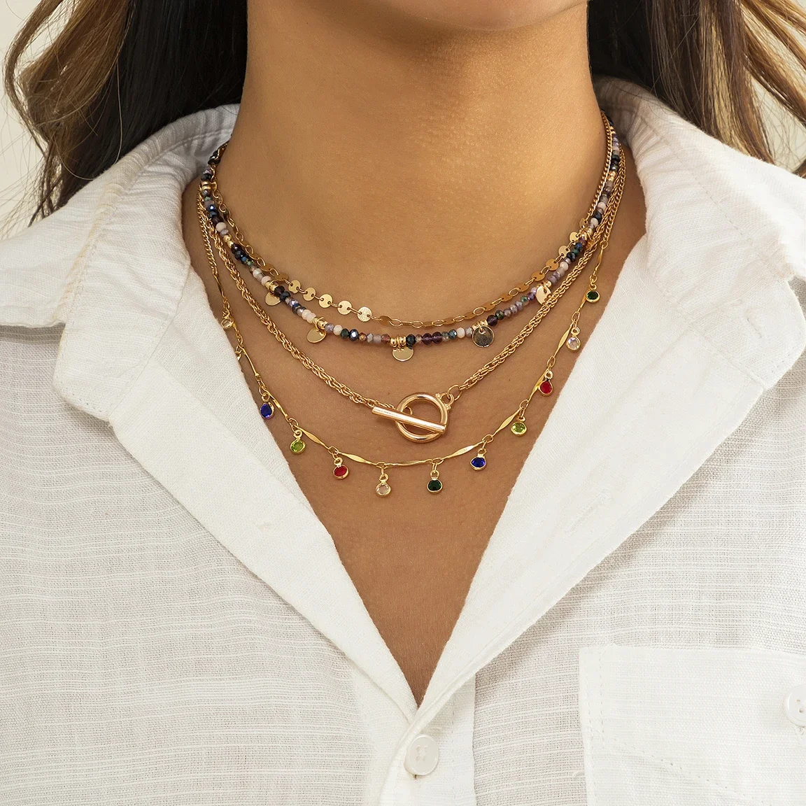 

New 4Pcs Boho Handmade Beaded Chain Necklace Summer Beach OT Buckle Lariat Pendant Tassel Choker Women Jewelry Accessories