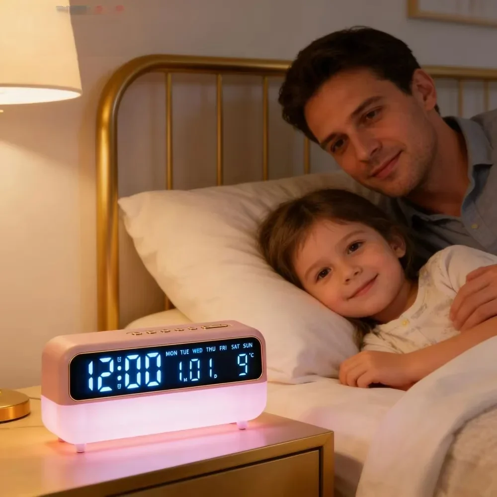 Alarm Clock With Led Ambient Light, Silent Digital Bedside Clock, Multifunctional Table Desk Clock For Home Bedroom