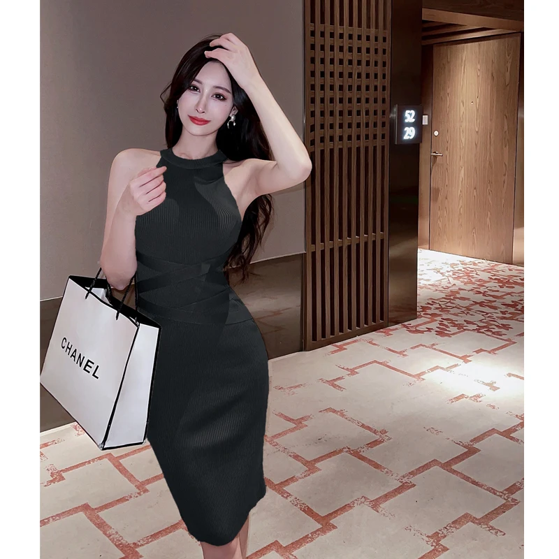 Halter Collar Camisole Dress Women\'s Bandage Knitted Sheath Tank Dresses Spring Summer