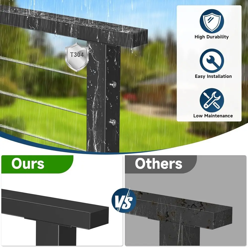 درابزين أسود T304 من الفولاذ المقاوم للصدأ، عبوتان مستطيلة، حاجز علوي مسطح قابل للقطع، 8 أغطية نهاية من النايلون للسطح الداخلي والخارجي S