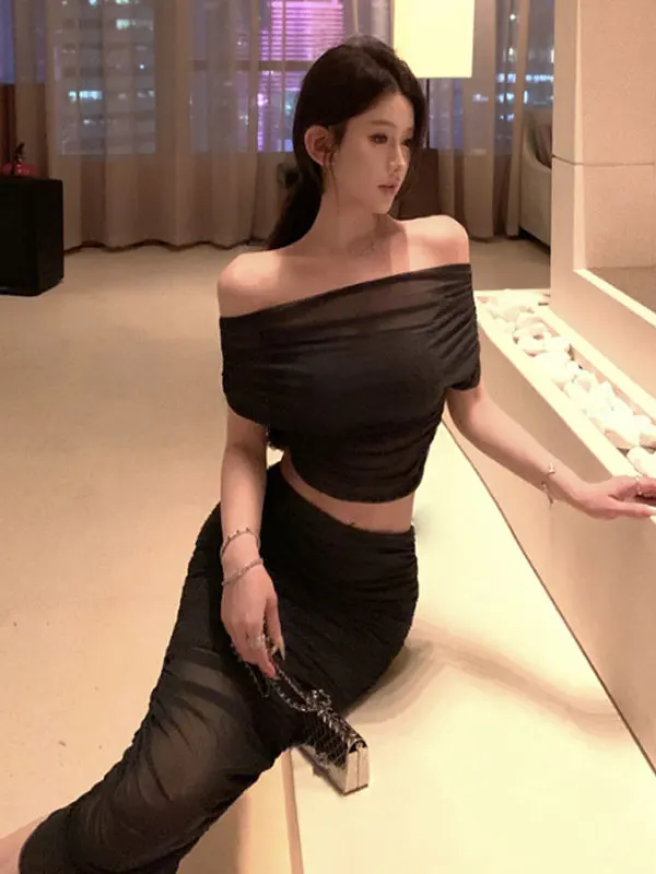 

Sexy One-Shoulder Bodycon Skirt Set Summer Fashion Outfit Two-Piece Ensemble Cover-Up Half-length Cotton Blend Ensemble