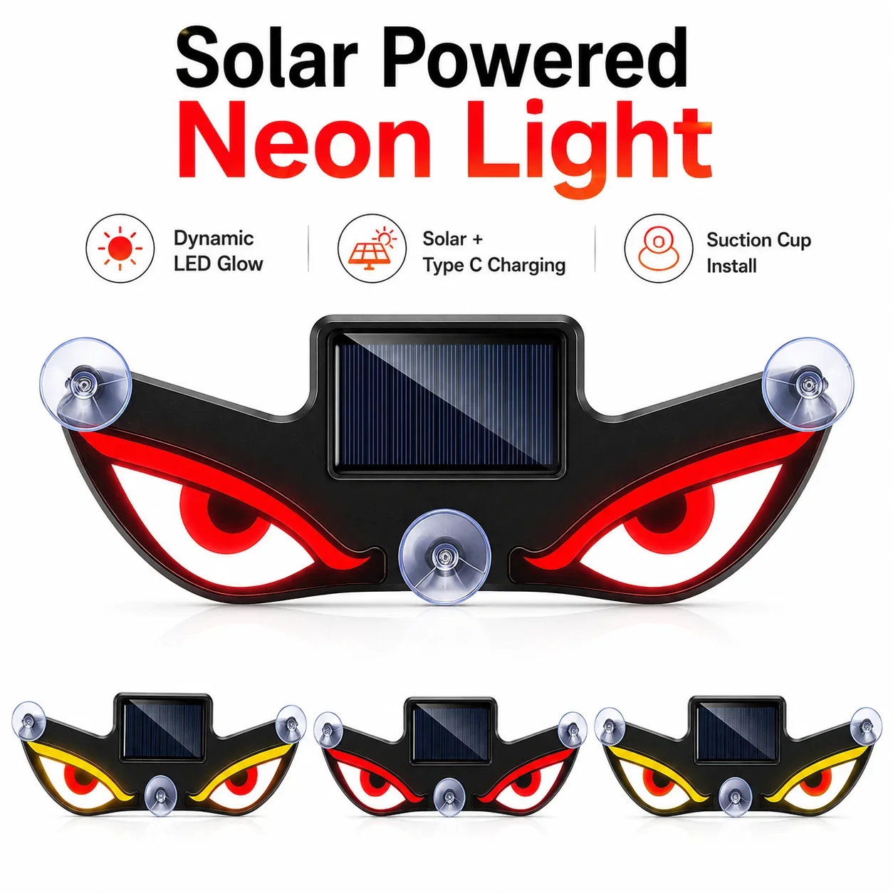 Car Solar Type‑C Rechargeable Demon Eye Neon Warning Light Light Sensor Suction Cup Mount LED Breathing Atmosphere Ambient Lamp