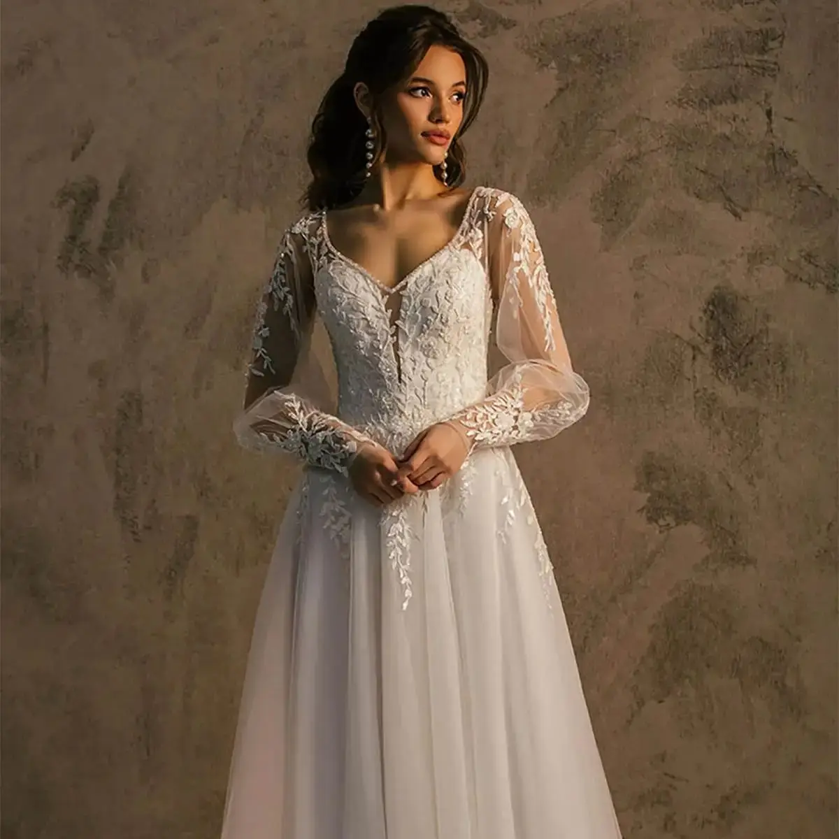 

Simple A Line Wedding Dresses for Bride Woman V-Neck Appliques Lace Party Gowns Long Sleeve Vestido De Noiva Customized