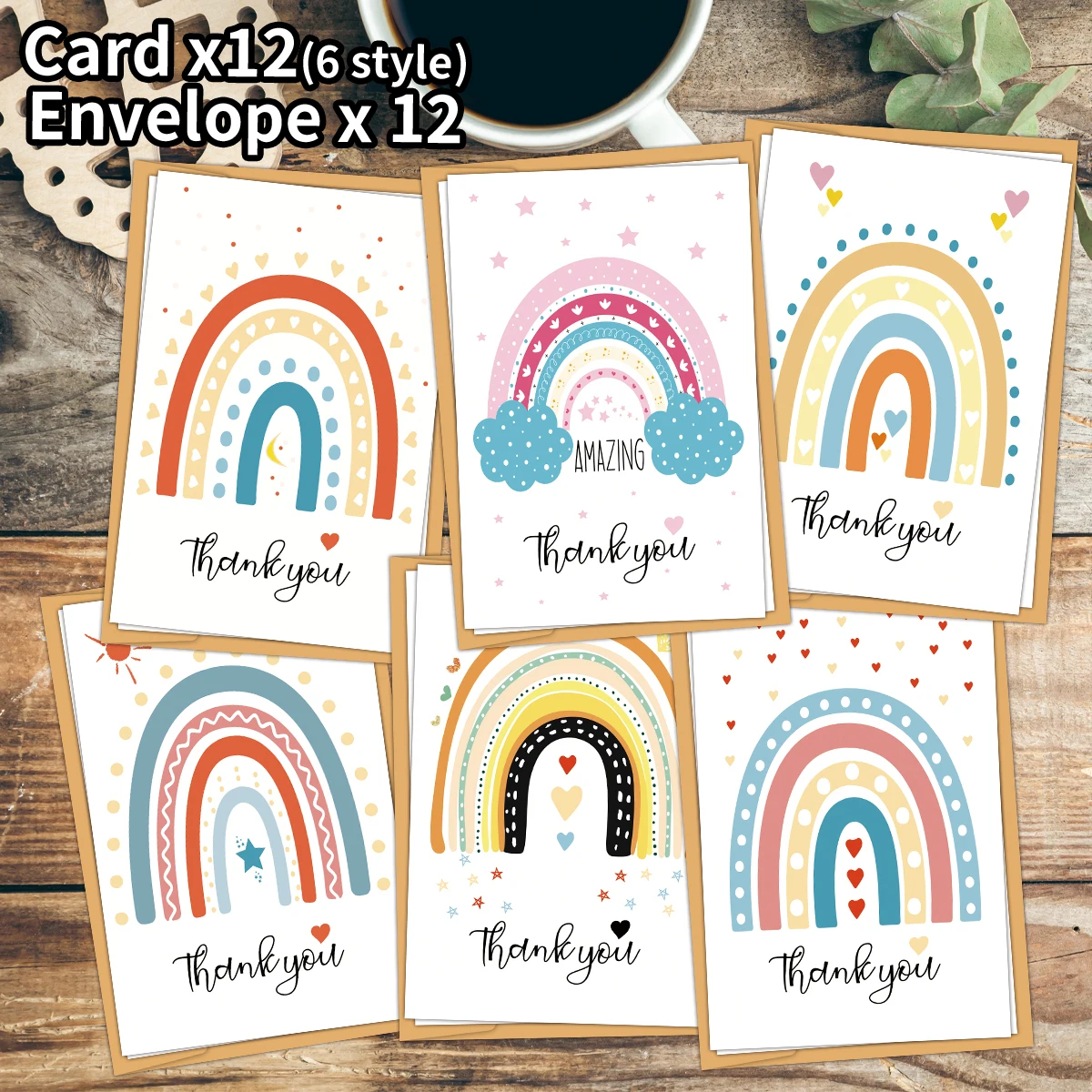 12 Stück Regenbogenfarbene, farbenfrohe Designs, Dankeschön-Grußkarten mit Umschlägen für Glückwünsche, Glück, Geburtstags-Abschlussgeschenke