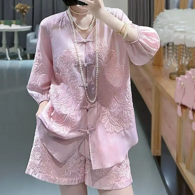 Korean Women Embroidery Loose Two Piece Suit Summer Ladies V Neck Shorts Outfit Spring Femme Solid Color Improved Hanfu Top 2PCS