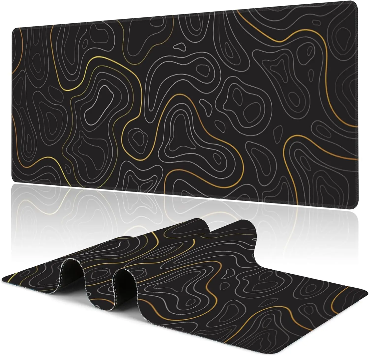 Black Terrain Mountain Gaming MousePad Gold Line Map Desk Pad Non-slip Base Mouse Mat Suitable for Office Keyboard Laptop