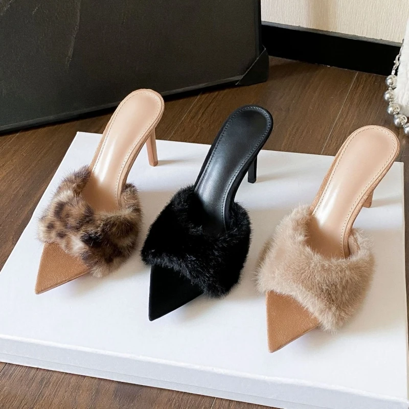 

New Autumn/winter Style Fashionable, Versatile, Warm, Fairy-like Fluffy One-strap Sandals with Pointed Toes and Stiletto Heels.