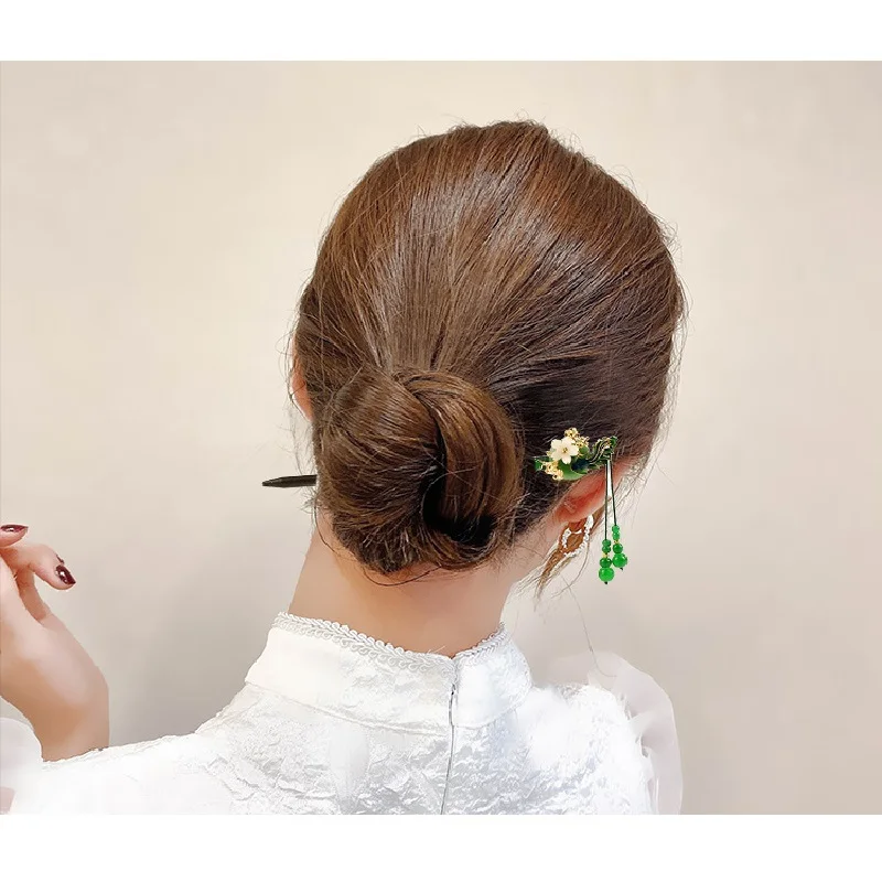 Antique Hair Stick Long Tassel Hairpin Chopstick Vintage Wooden Floral Hair Clasp Tiaras Jewelry Chinese Hanfu Hair Accessories